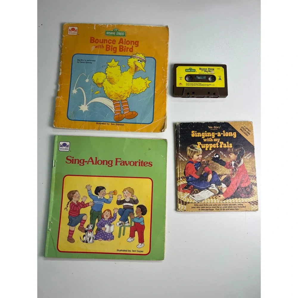 VTG Sesame Street Bounce Along Sing Along‎ Puppet Pals Golden Book Cassette Lot